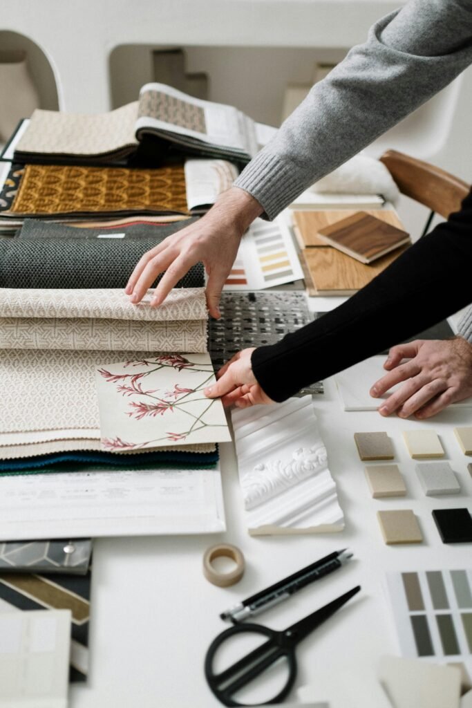 Designers working with fabric swatches and patterns