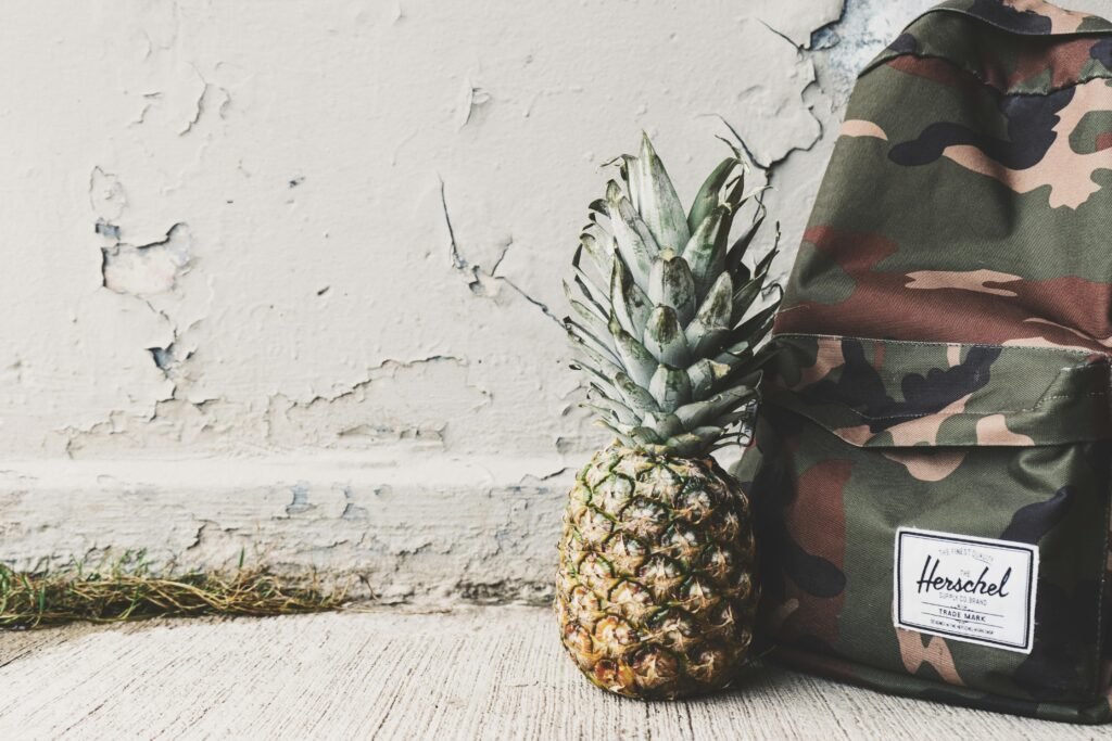 Pineapple meets camouflage backpack against textured wall