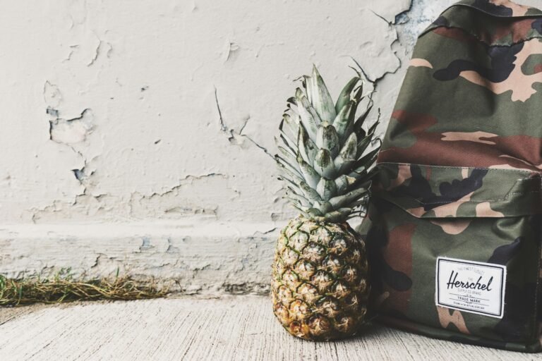 Pineapple meets camouflage backpack against textured wall