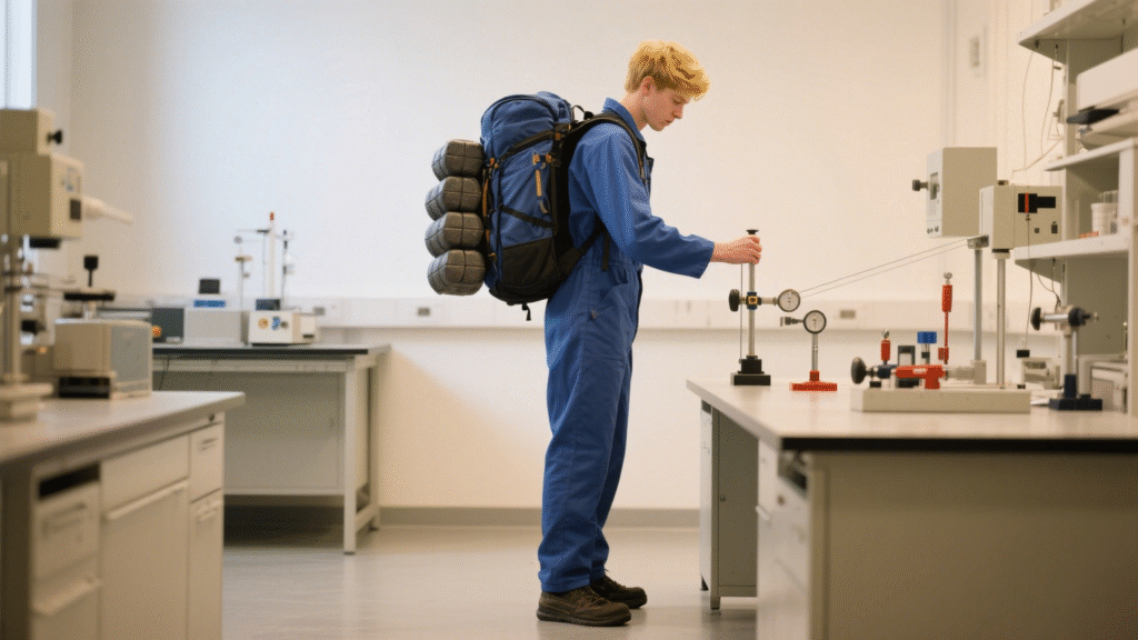 Testing backpack load capacity in lab.
